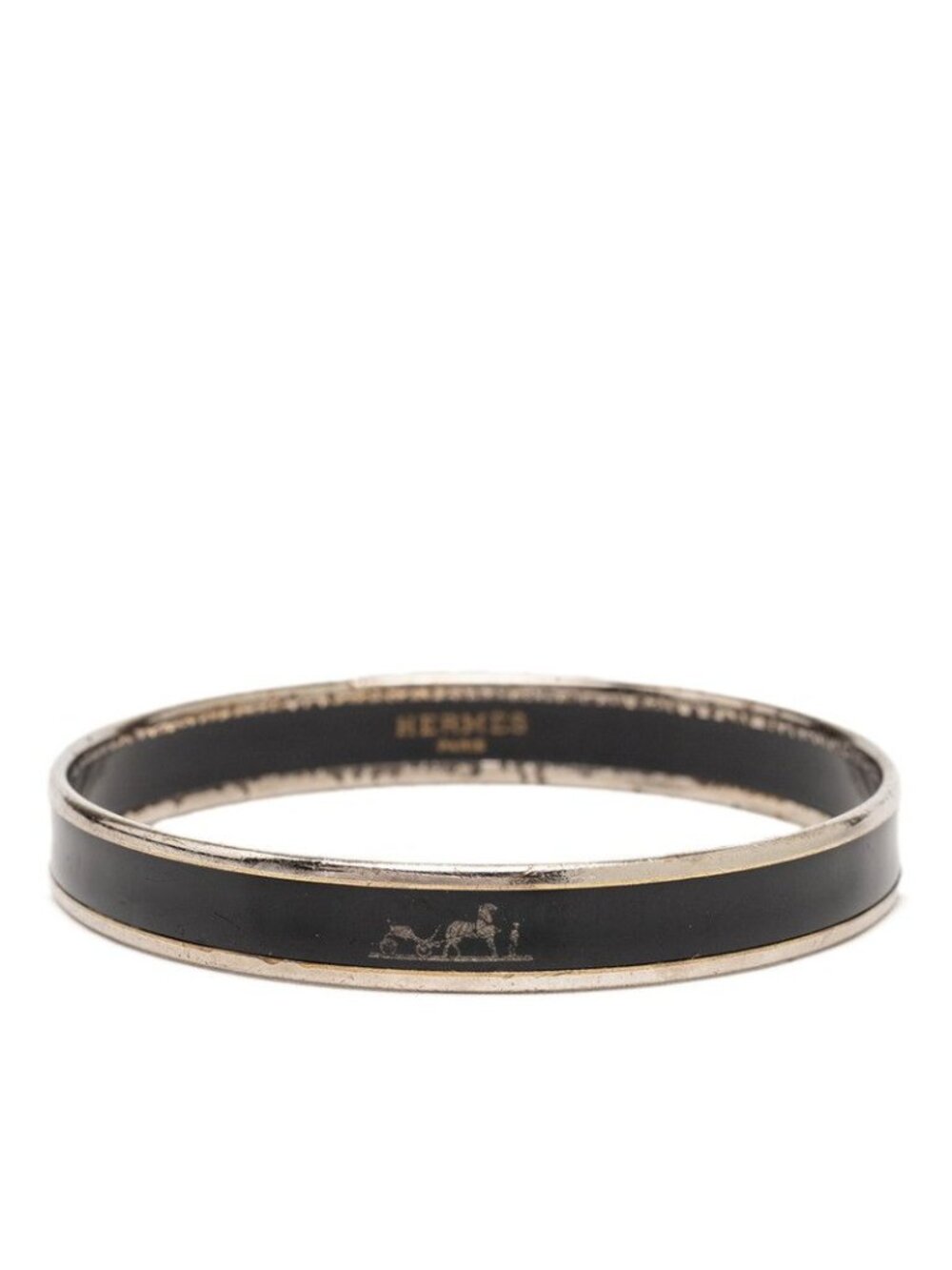 Hermes Enamel PM Cloisonne Bangle Black Silver Plated 1- Bracelet